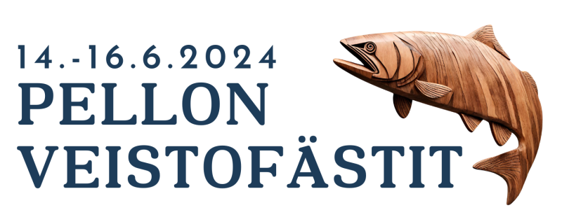 Tapahtuman logo, jossa on kuva puisesta lohesta ja teksti "Pellon Veistofästit" sekä päivämäärä 14.-16.6.2024