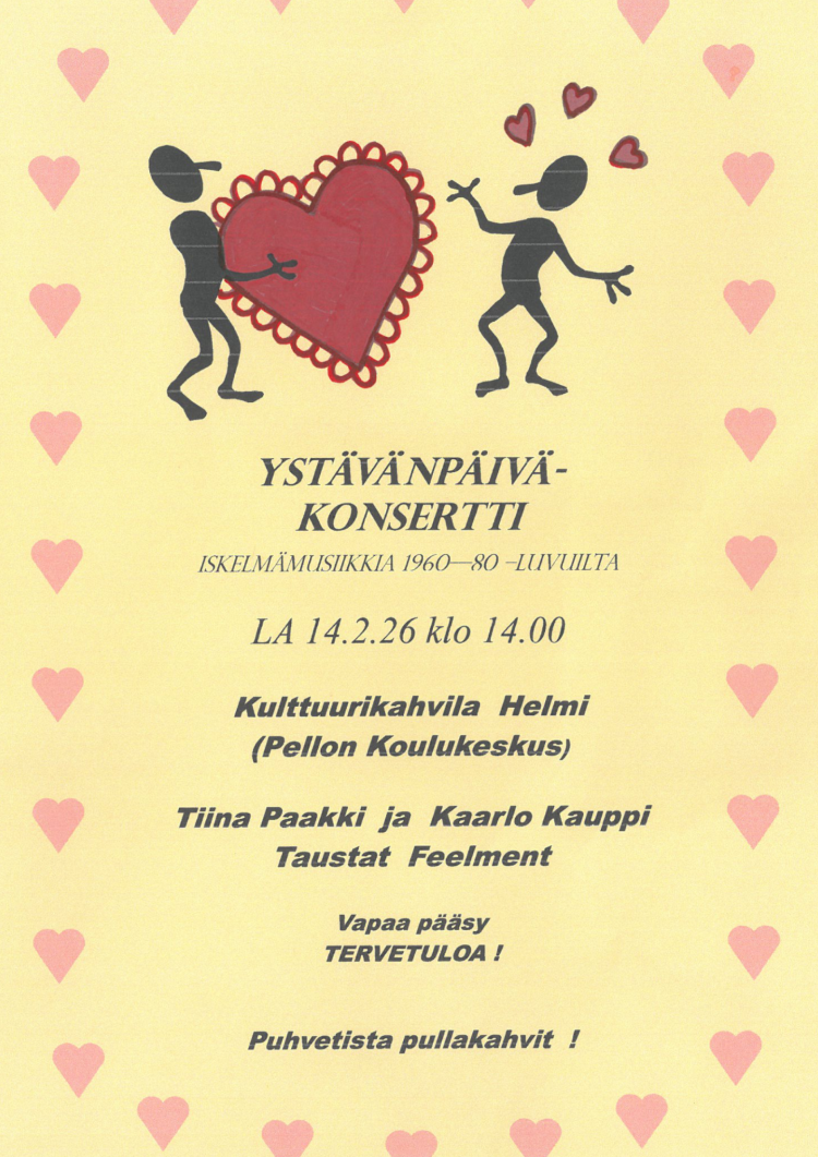 Tilaisuuden juliste keltaisella pohjalla. Sama teksti kuin ilmoitusosassa. Sisältöä kehystävät punaiset sydämet. Kuvassa on myös kaksi mustaa ihmishamoa, joista toinen pitelee suurta punaista sydäntä ja toisen pään ympärillä on kolme sydäntä.