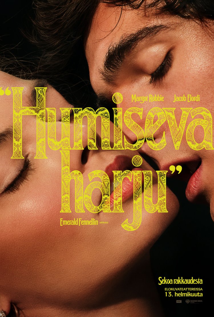 Lähikuva kaksista kasvoista ja päällä keltaisella teksti 