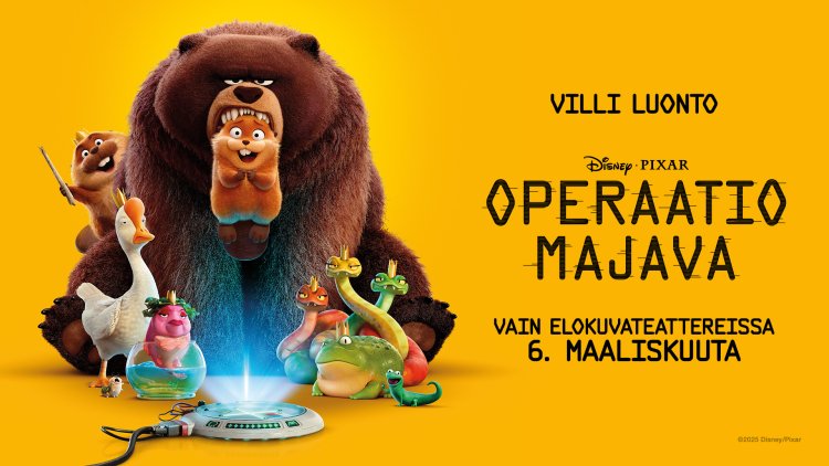 Elokuvan juliste, jossa keltaoranssilla pohjalla kuva elokuvan hahmoista ja teksti 