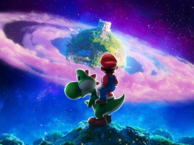 Elokuvan hahmoja galaktisessa maisemassa.