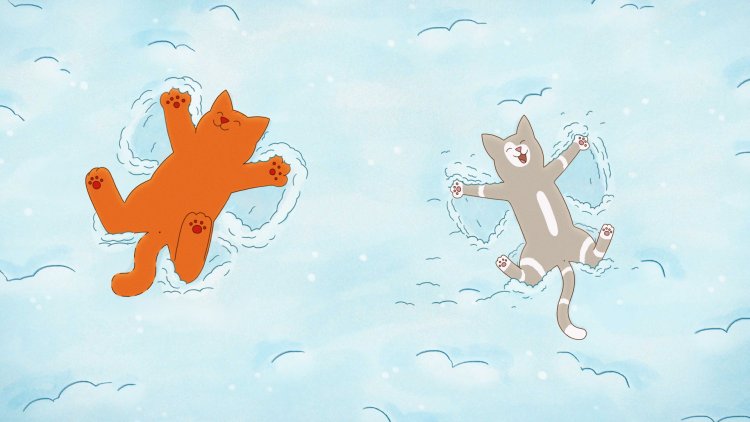 Elokuvan hahmoja selällään lumessa.