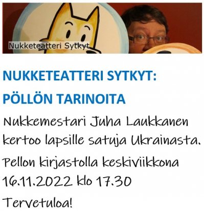 Nukketeatteri Sytkyt Pellon kirjastolla 16.11.2022 klo 17.30.