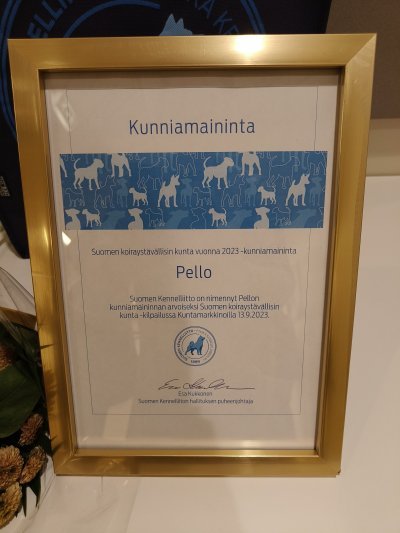 Koiraystävällisin kunta kunniamaininta Pellon kunnalle. 