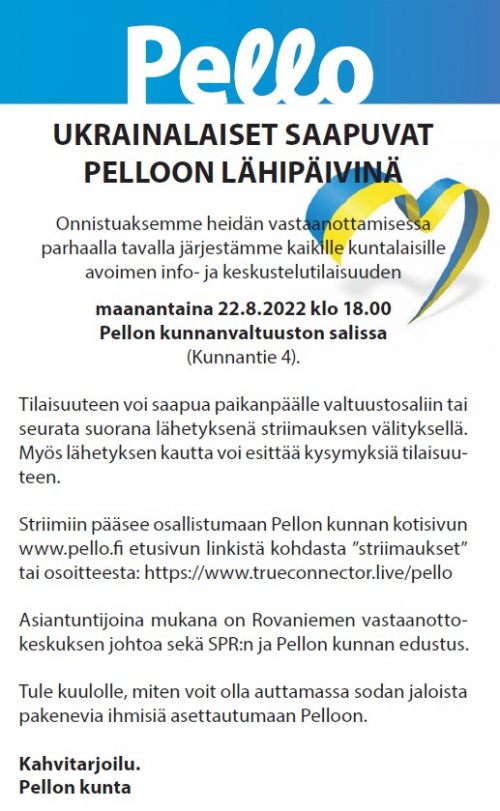 Kuntalaisinfo 22.8. klo 18 Pellon kunnanvaltuuston salissa.