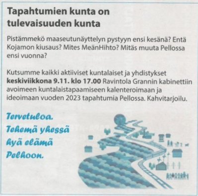 Ilmoitus Vireä Pello -suunnitteluillasta.