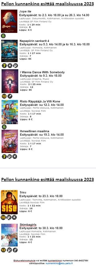 Maaliskuun kunnankinon ohjelmisto.