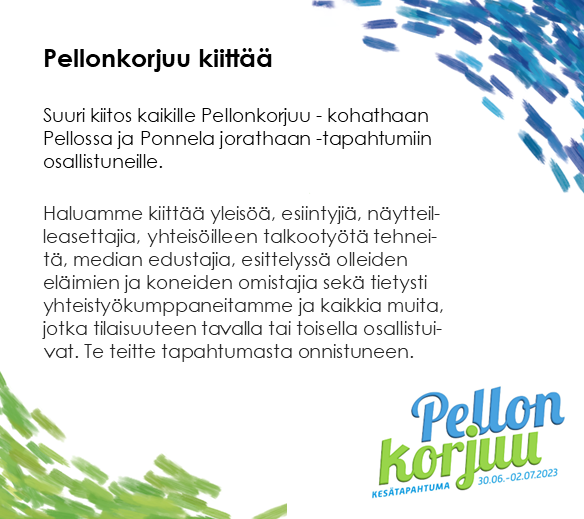 Pellonkorjuun kiitosilmoitus.