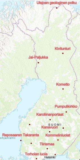 Kiviluontokohteet kartalla.