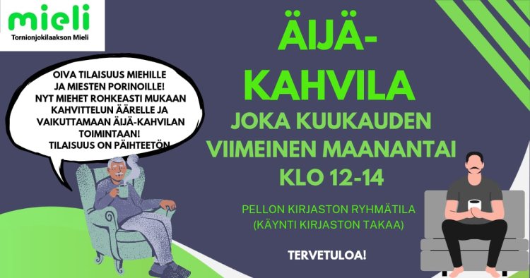 Purppuranvärisellä pohjalla vihreitä geometrisiä kuvioita ja ilmoitusosan tekstisisältö sekä kaksi piiroskuvaa henkilöistä nojatuoleissa. Oikeassa yläkulmassa Tornionjokilaakson Mielen logo.