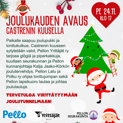 Joulukauden avauksen mainoskuva, jossa on toistettu yllä oleva teksti ja joka sisältää kuvia tontuista.