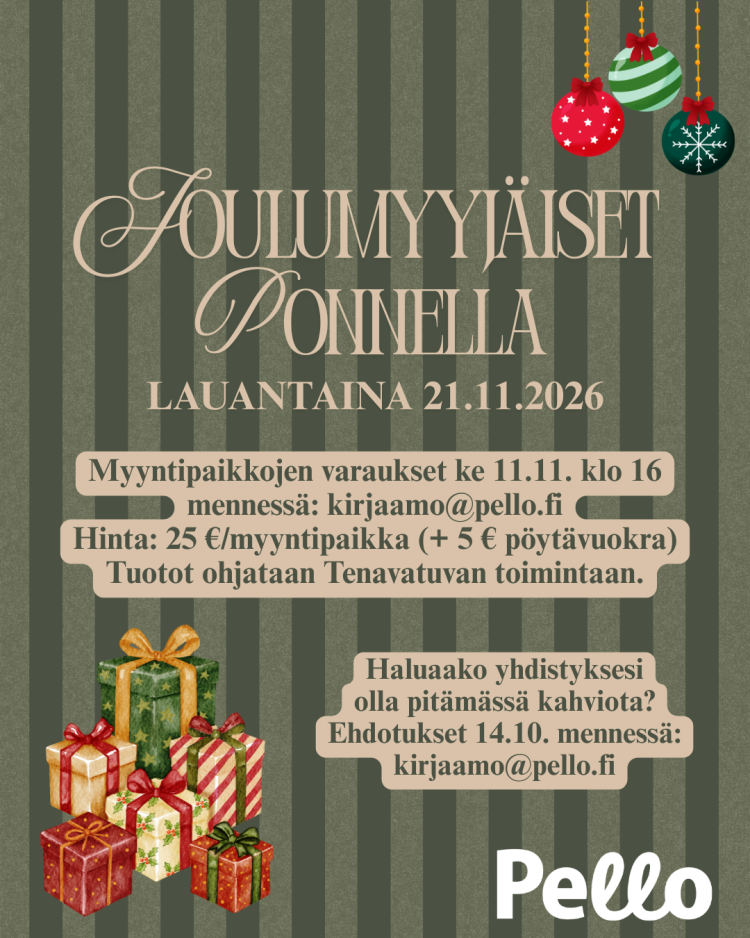 Sama teksti kuin ilmoitusosassa vihertävällä raidallisella taustalla, piirroskuvia lahjapaketeista sekä kuusenkoristeista, Pellon kunnan logo.
