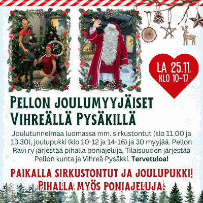 Joulumyyjäisten mainoskuva, jossa on yllä toistettu teksti ja kuva sirkustontuista sekä joulupukista.