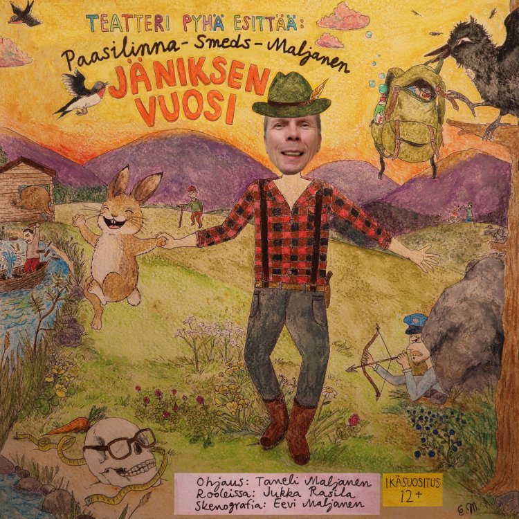 Esityksen mainoskuva, jossa tarinan hahmoja piirroskuvassa sekä tekstit 