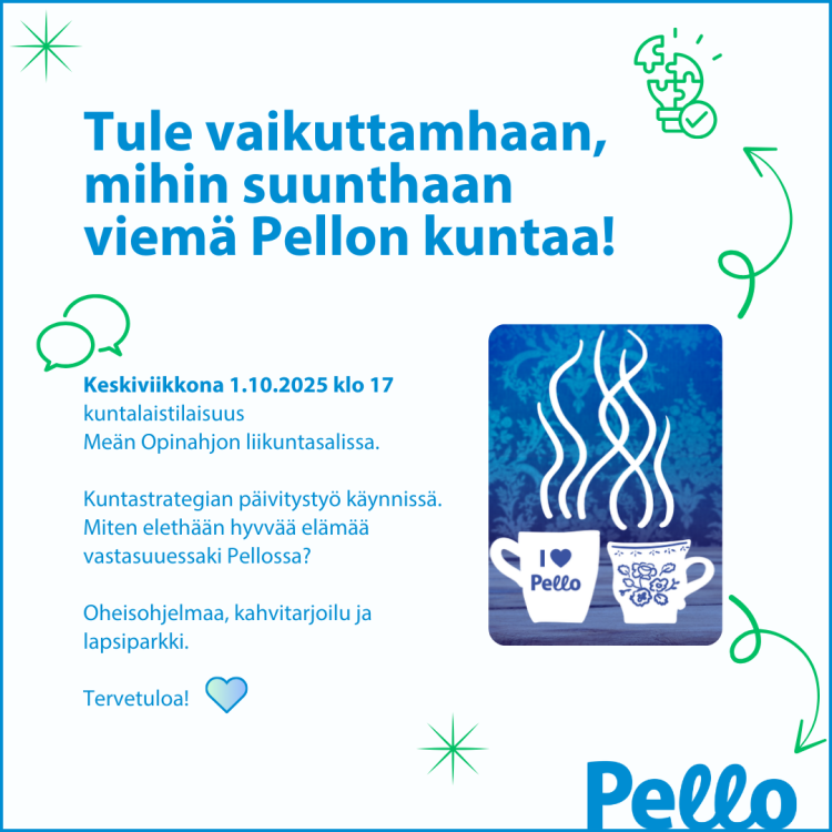 Kuvassa on ilmoitusosaa vastaava teksti, Pellonkunnan logo, siniset kehykset ja erilaisia graafisia symboleja.