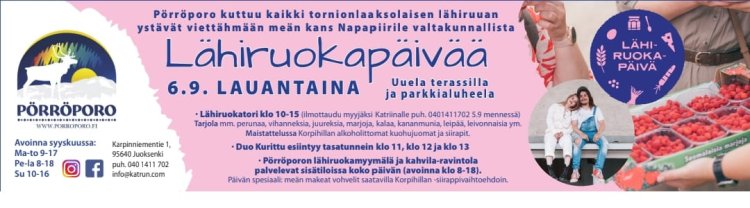 Sama tekstisisältö, kuin ilmoitusosassa pinkillä pohjalla sekä kuva Duo Kurittusta, kalasta ja marjoista. Lisäksi Pörröporon logo ja yhteystiedot sekä Instagram- ja Facebook-ikonit.