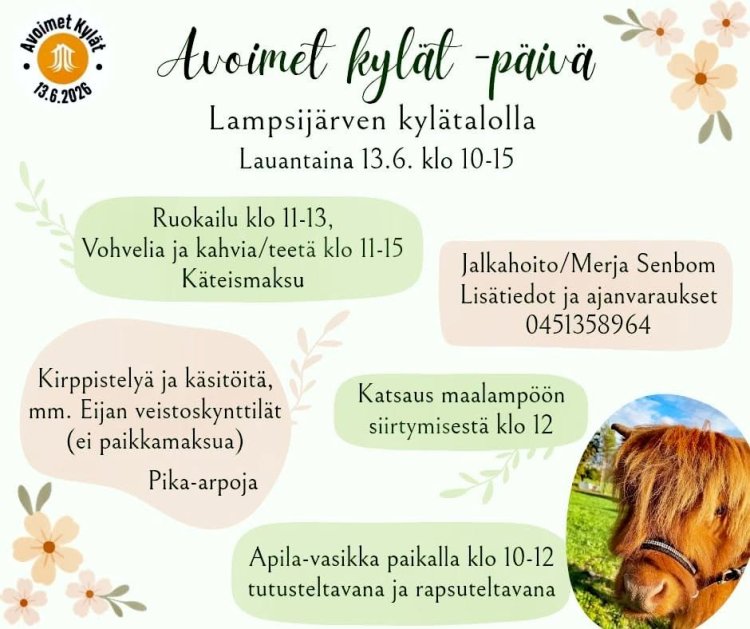 Vaalealla pohjalla ilmoitusosaa vastaavat tekstit vihertävissä ja punertavissa kuplissa, kuva hailander-vasikasta, piirroskuvat kukista nurkissa ja Avoimet kylät -logo.