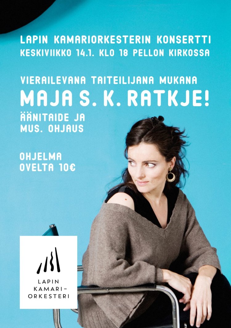 Sama tekstisisältö kuin ilmoitusosassa sekä Lapin kamariorkesterin logo sinertävällä pohjalla. Taustalla kuva henkilöstä.