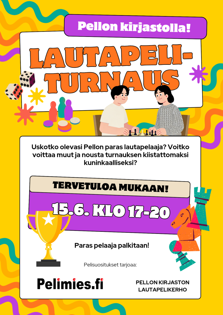 Keltaisella pohjalla pirrosgraafiikkaa (kaksi henkilö lautapelaamassa, erivärisiä aaltokuvioita, pokaali, pelinappuloita, noppapari) ja osa ilmoitusosan tekstistä..