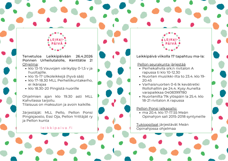 Samat tekstisisällöt kuin ilmoitusosassa, taustalla erivärisiä täpliä ja leikkipäivä-logo.