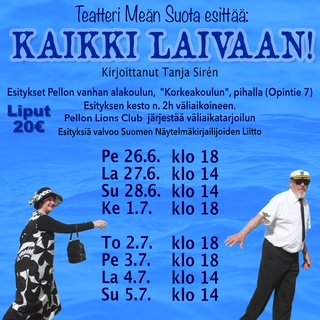 Kaksi henkilöä sinisellä, vettä muistuttavalla pohjalla. Päällä sama tekstisisältö kuin ilmoitusosassa.