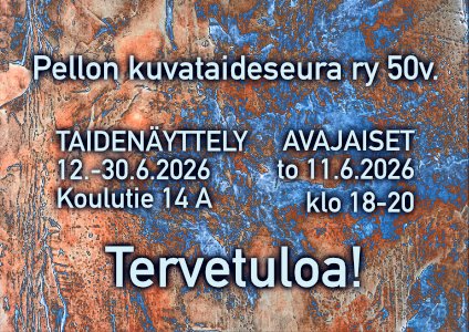 Tapahtuman juliste, jossa taustalla abstraktia kuvataidetta ja yllä sama tekstisisältö kuin ilmoitusosassa.