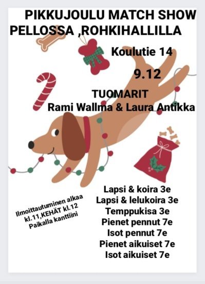 Pikkujoulu Match Show Rohkihallilla -mainos, jossa on jouluhenkinen piirroskoira ja -koiranherkkuja.