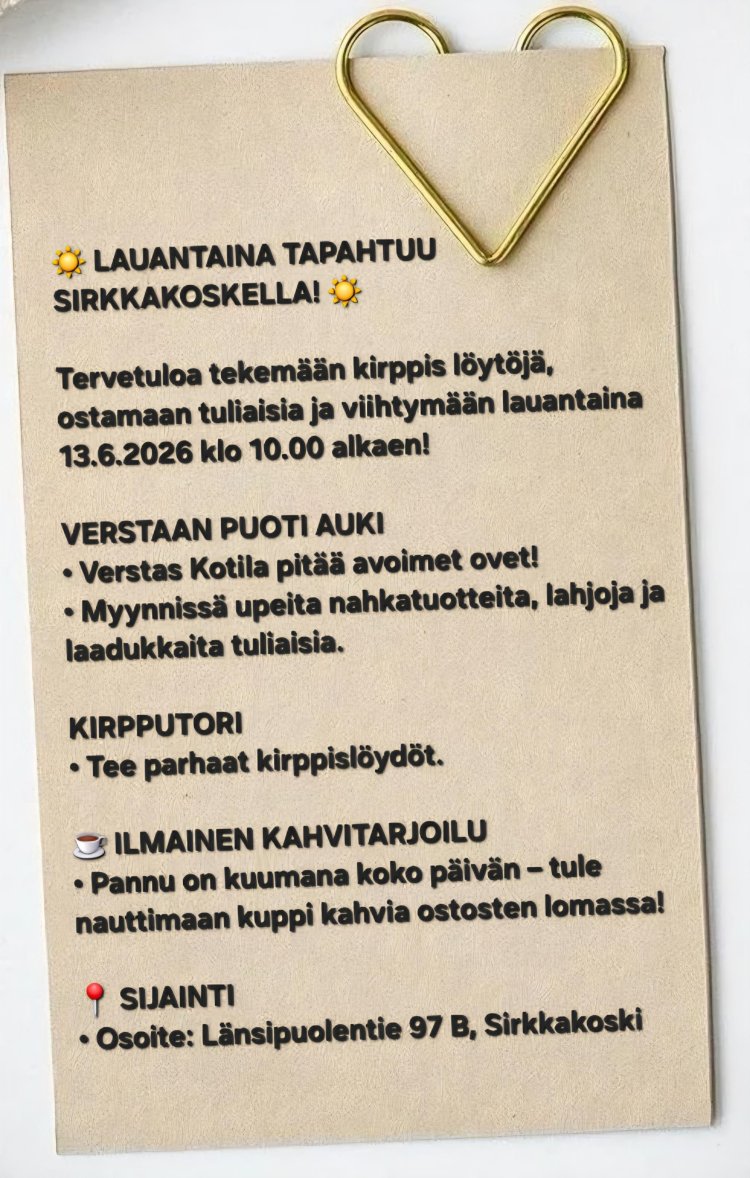 Ilmoitusosan teksti rusehtavalla kirjepaperilla, jonka ylälaidassa messinginvärinen sydämen muotoinen klemmari.