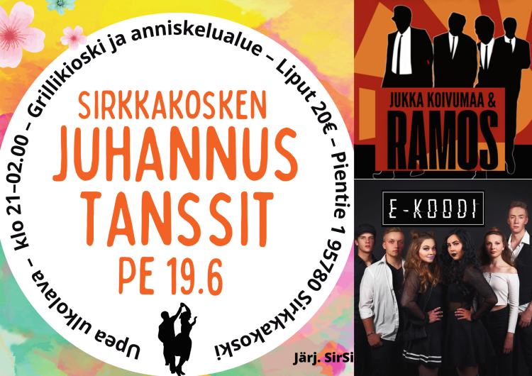 Tapahtuman juliste, jossa eriväritaustalla valkoinen pallo, jonka sisällä ilmoituksen otsikkotiedot. Oikealla puolen Jukka Koivumaa & Ramos -yhtyeen siluettikuva ja E-koodi-yhtyeen bändikuva (kuvien päällä yhtyeiden nimet tekstinä).