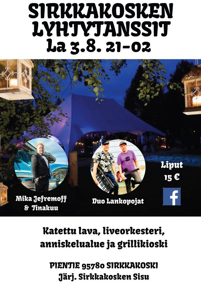 Kuva tapahtumapaikasta, jossa telttakatos ja lyhtyjä, sekä ilmoituksessa mainitut artistit sekä tekstisisältö.