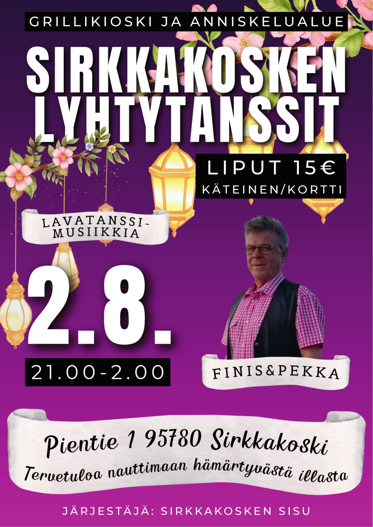Kuva tapahtuman julisteesta, jossa purppurainen tausta, kuva tanssiorkesterin solisti Pekka Ylisirkasta ja sama tekstisisältö kuin ilmoitusosassa.