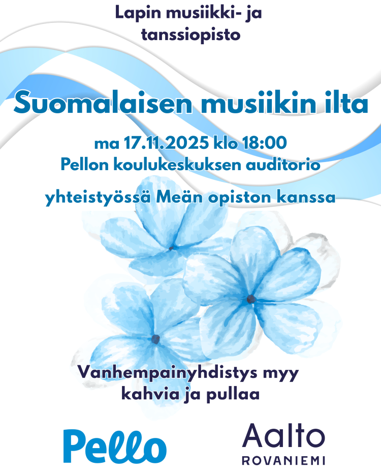 Ilmoitusosan teksti sinivalkoisella pohjalla, myös kuvia kukista, Pellon kunnan ja Aalto Rovaniemen logot