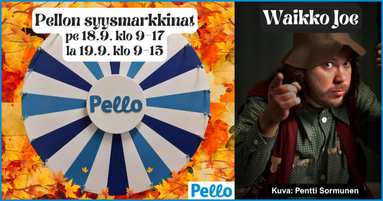 Vasemmalla ruskalehtiä, sinisävyinen onnenpyörä, Pellon kunnan logo sekä ilmoitusosan otsikko. Oikealla puolikuva Waikko Joesta ja tekstit 