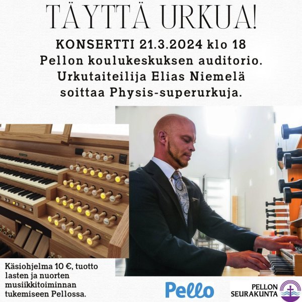 Konsertin mainoskuva, joka yllä mainitun tekstin lisäksi sisältää kuvan urkutaiteilijasta ja hänen käyttämistään uruista.