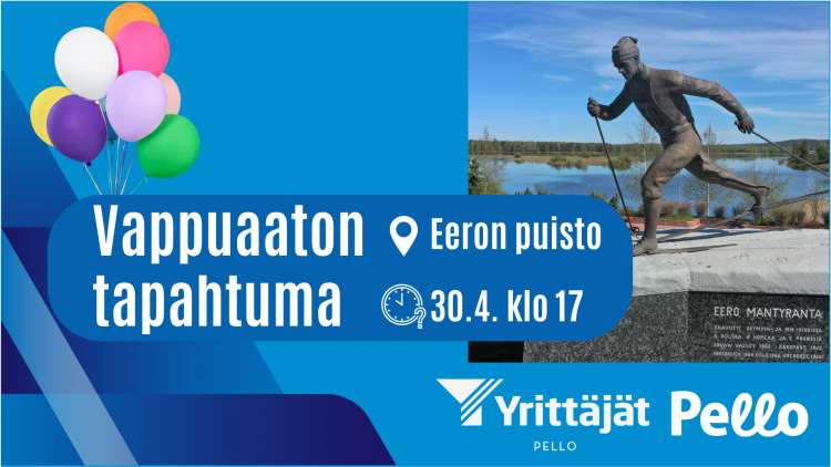 Sinisellä pohjalla kuva Eero Mäntyranta -patsaasta, nippu erivärisiä ilmapalloja, tekstit 