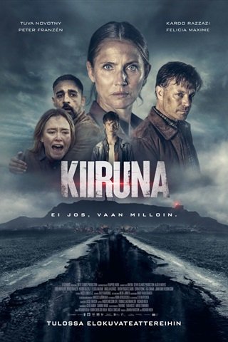 Kiiruna-elokuvan juliste, jossa on kasvokuvat elokuvan päähenkilöistä ja suuresta maahan revenneestä railosta. Lisäksi julisteessa on tietoja elovan tekijöistä ja sen näyttelijöistä..